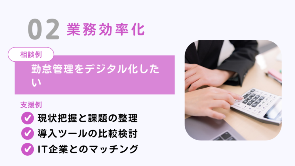 業務効率化に関する相談例と支援内容の説明（勤怠管理のデジタル化、現状把握と課題の整理、導入ツールの比較検討、IT企業とのマッチング）